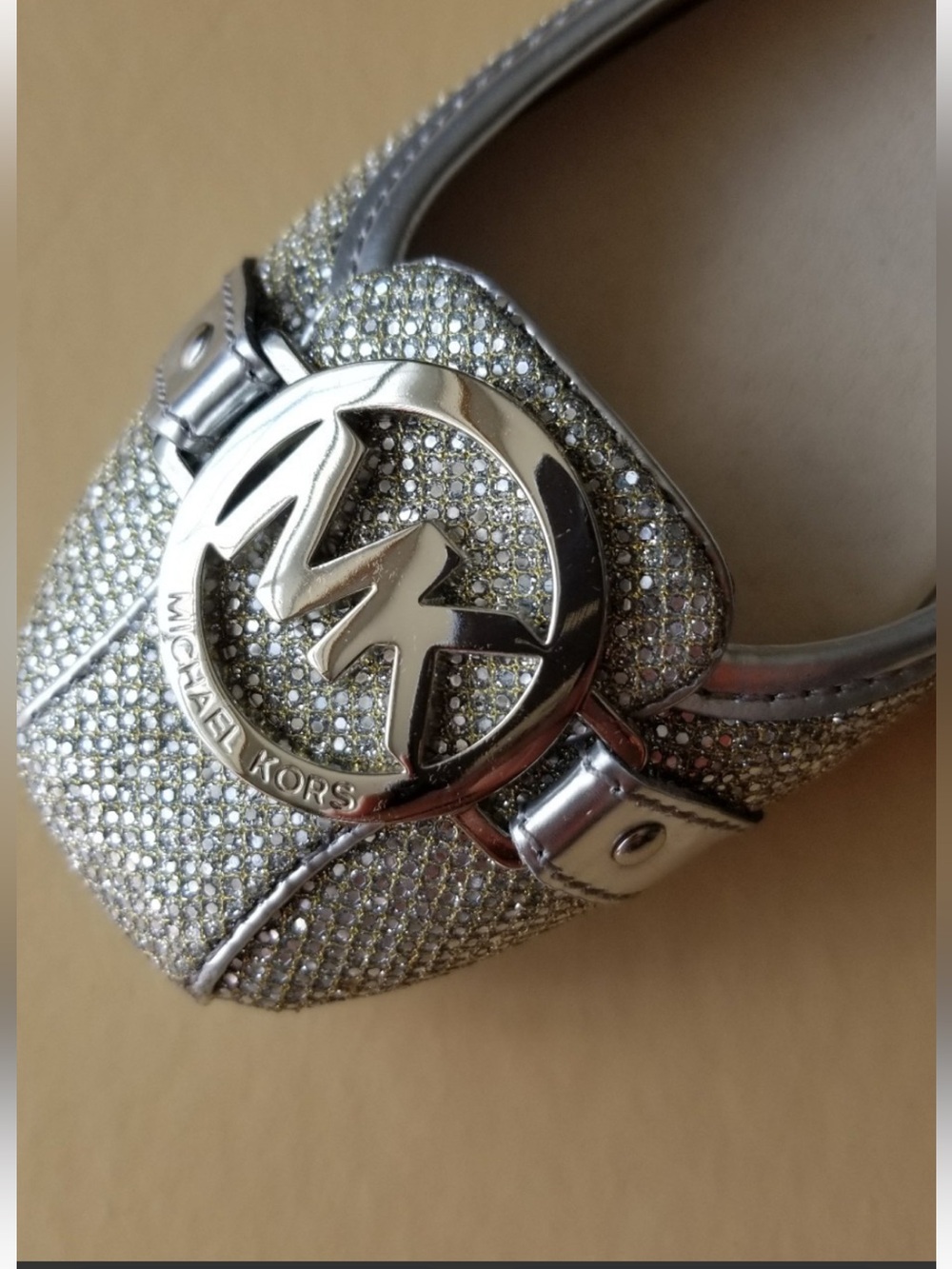 Michael Kors Fulton Moccasin Silver Crystal Embellished Logo Flat